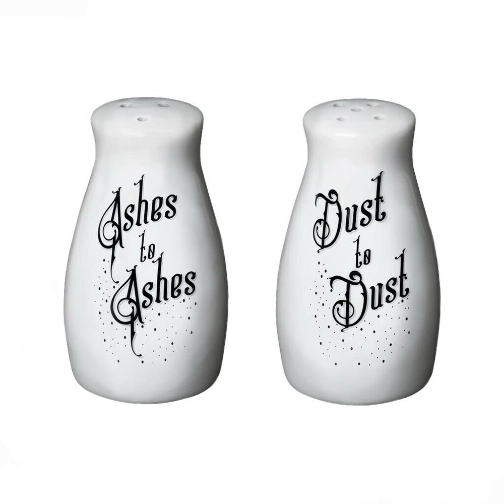 1 LEFT FOREVER! Alchemy Gothic Ashes to Ashes'Bone China Salt Pepper Shakers NIB